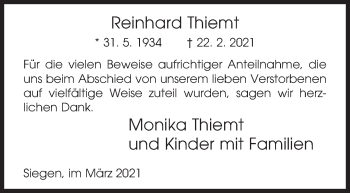 Traueranzeige von Reinhard Thiemt von Siegener Zeitung