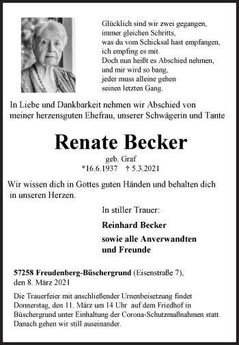 Traueranzeige von Renate Becker von Siegener Zeitung