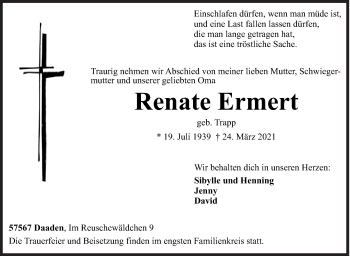 Traueranzeige von Renate Ermert von Siegener Zeitung