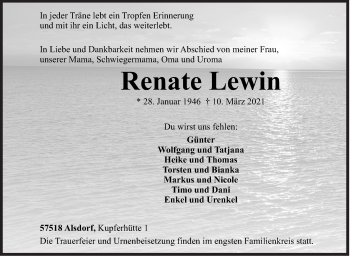 Traueranzeige von Renate Lewin von Siegener Zeitung