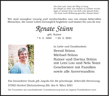 Traueranzeige von Renate Stünn von Siegener Zeitung