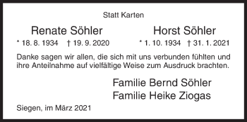 Traueranzeige von Renate und Horst Söhler von Siegener Zeitung