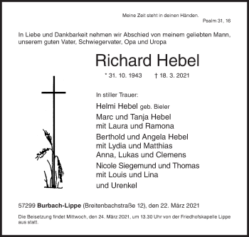 Traueranzeige von Richard Hebel von Siegener Zeitung