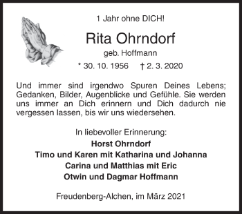 Traueranzeige von Rita Ohrndorf von Siegener Zeitung