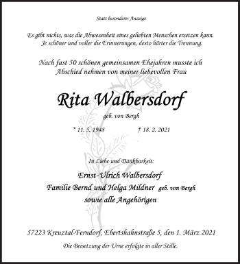 Traueranzeige von Rita Walbersdorf von Siegener Zeitung