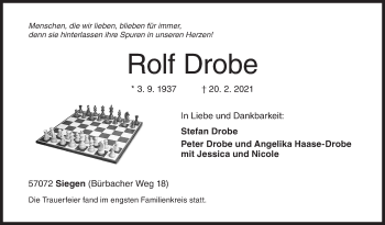 Traueranzeige von Rolf Drobe von Siegener Zeitung