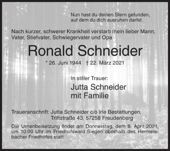 Traueranzeige von Ronald Schneider von Siegener Zeitung