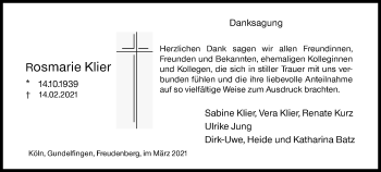 Traueranzeige von Rosmarie Klier von Siegener Zeitung