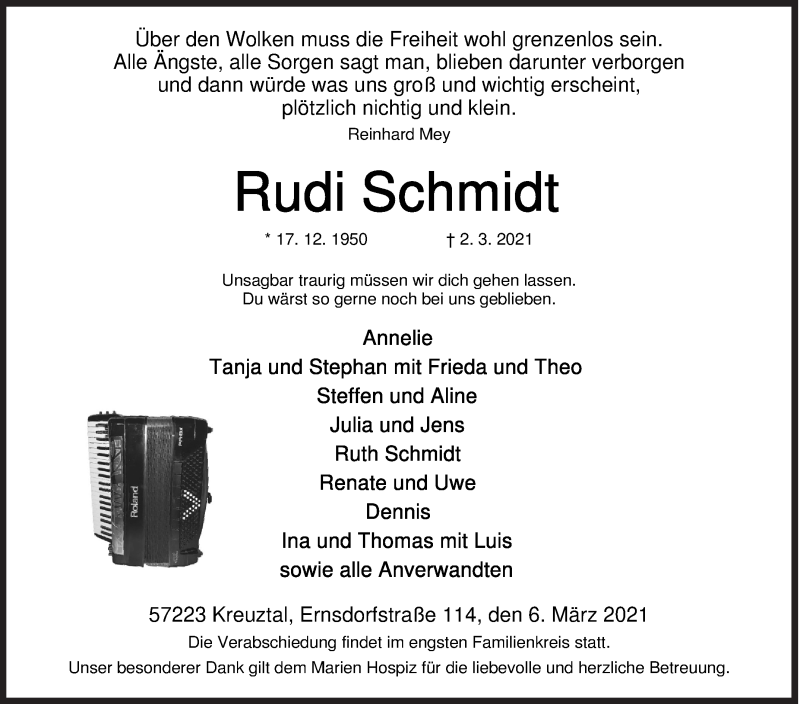  Traueranzeige für Rudi Schmidt vom 06.03.2021 aus Siegener Zeitung