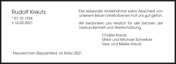 Traueranzeige von Rudolf Kreutz von Siegener Zeitung