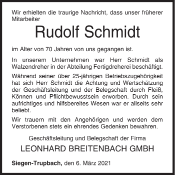 Traueranzeige von Rudolf Schmidt von Siegener Zeitung