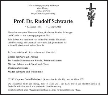 Traueranzeige von Rudolf Schwarte von Siegener Zeitung