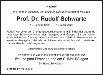 Traueranzeige von Rudolf Schwarte von Siegener Zeitung