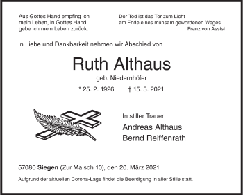 Traueranzeige von Ruth Althaus von Siegener Zeitung