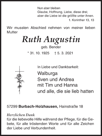 Traueranzeige von Ruth Augustin von Siegener Zeitung