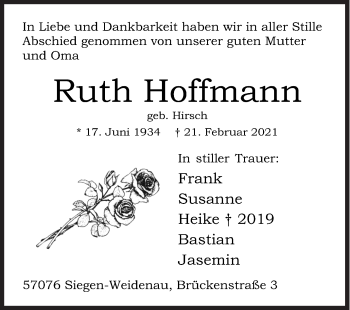 Traueranzeige von Ruth Hoffmann von Siegener Zeitung