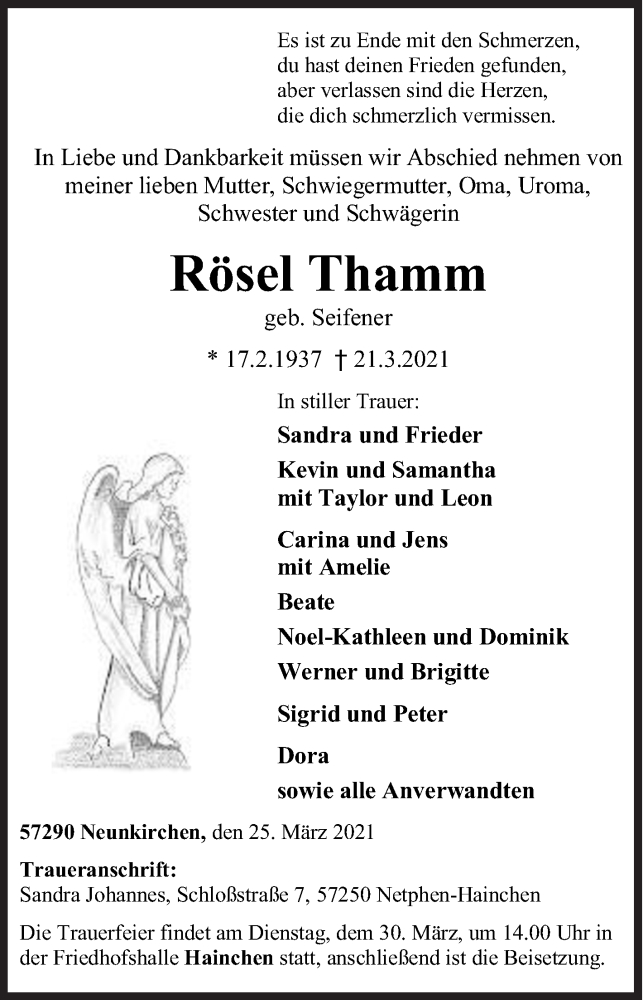  Traueranzeige für Rösel Thamm vom 25.03.2021 aus Siegener Zeitung