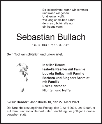 Traueranzeige von Sebastian Bullach von Siegener Zeitung