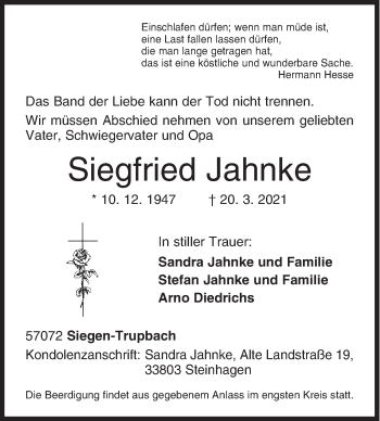 Traueranzeige von Siegfried Jahnke von Siegener Zeitung