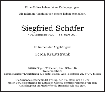 Traueranzeige von Siegfried Schäfer von Siegener Zeitung