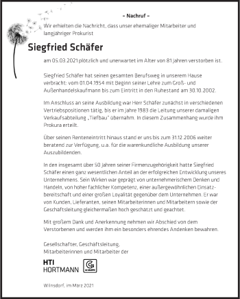 Traueranzeige von Siegfried Schäfer von Siegener Zeitung