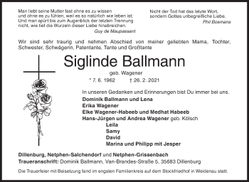 Traueranzeige von Siglinde Ballmann von Siegener Zeitung