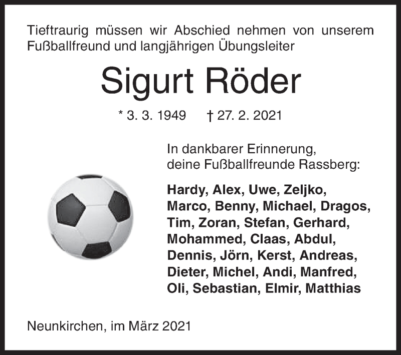  Traueranzeige für Sigurt Röder vom 06.03.2021 aus Siegener Zeitung