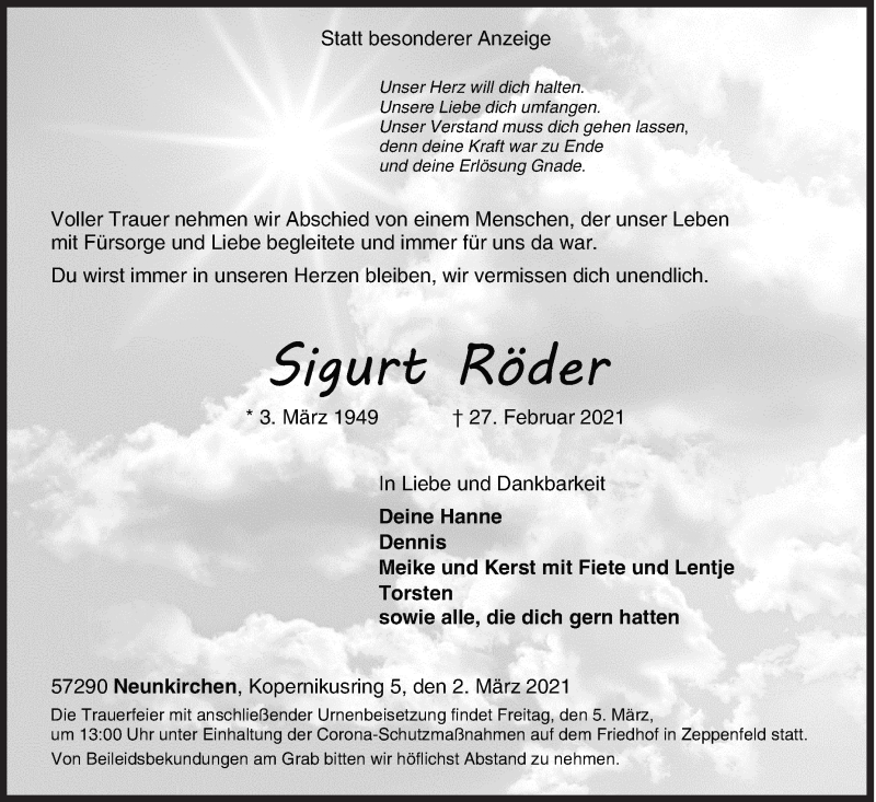  Traueranzeige für Sigurt Röder vom 02.03.2021 aus Siegener Zeitung