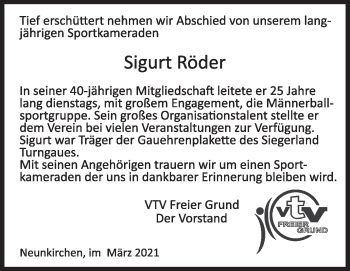 Traueranzeige von Sigurt Röder von Siegener Zeitung
