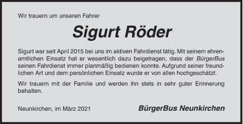 Traueranzeige von Sigurt Röder von Siegener Zeitung