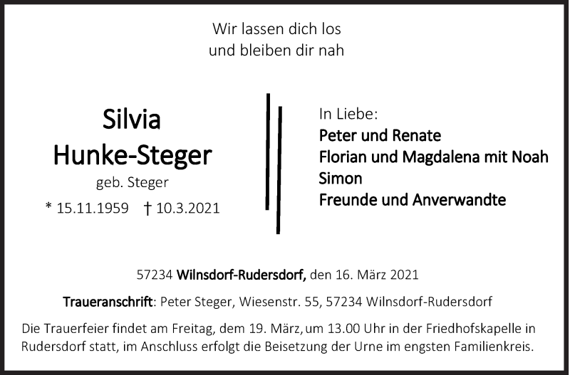  Traueranzeige für Silvia Hunke-Steger vom 16.03.2021 aus Siegener Zeitung