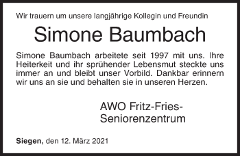 Traueranzeige von Simone Baumbach von Siegener Zeitung