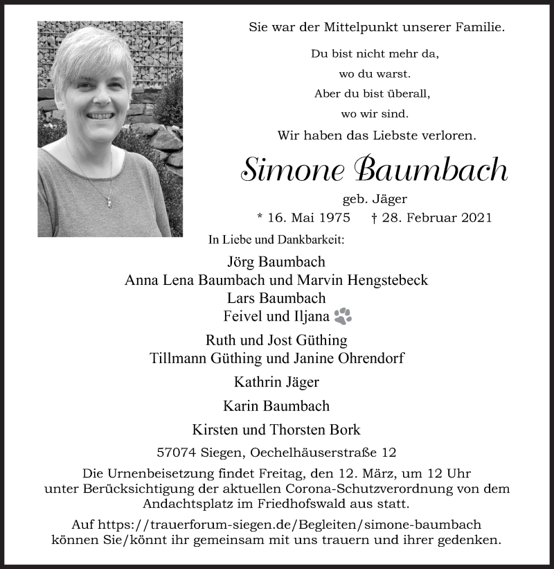  Traueranzeige für Simone Baumbach vom 08.03.2021 aus Siegener Zeitung