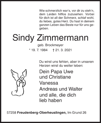 Traueranzeige von Sindy Zimmermann von Siegener Zeitung