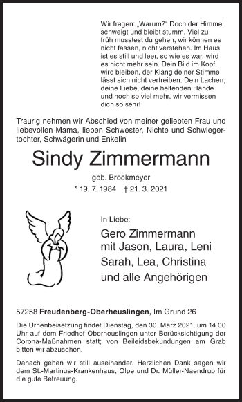 Traueranzeige von Sindy Zimmermann von Siegener Zeitung