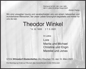 Traueranzeige von Theodor Winkel von Siegener Zeitung