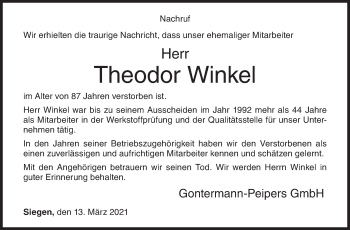 Traueranzeige von Theodor Winkel von Siegener Zeitung