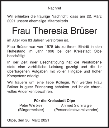 Traueranzeige von Theresia Brüser von Siegener Zeitung