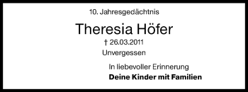 Traueranzeige von Theresia Höfer von Siegener Zeitung