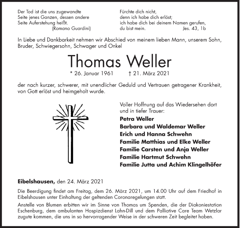  Traueranzeige für Thomas Weller vom 24.03.2021 aus Siegener Zeitung