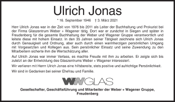 Traueranzeige von Ulrich Jonas von Siegener Zeitung