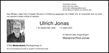 Traueranzeige von Ulrich Jonas von Siegener Zeitung