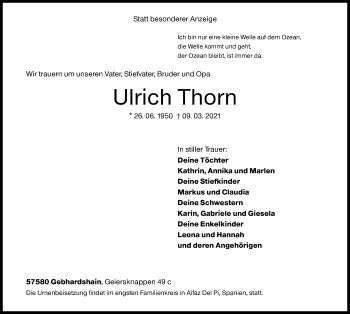 Traueranzeige von Ulrich Thorn von Siegener Zeitung