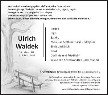 Traueranzeige von Ulrich Waldek von Siegener Zeitung