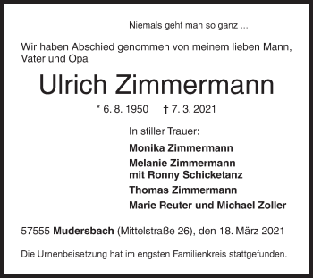 Traueranzeige von Ulrich Zimmermann von Siegener Zeitung