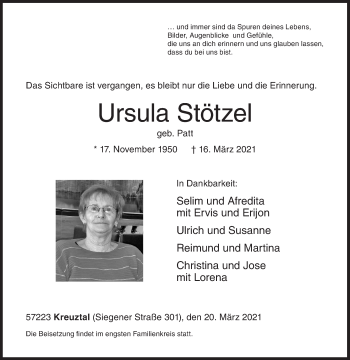 Traueranzeige von Ursula Stötzel von Siegener Zeitung