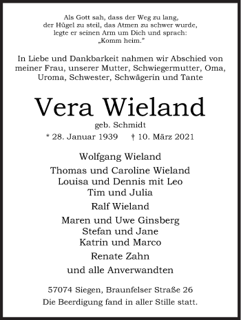 Traueranzeige von Vera Wieland von Siegener Zeitung