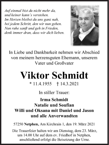 Traueranzeige von Viktor Schmidt von Siegener Zeitung