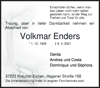 Traueranzeige von Volkmar Enders von Siegener Zeitung