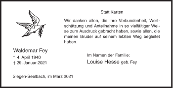 Traueranzeige von Waldemar Fey von Siegener Zeitung